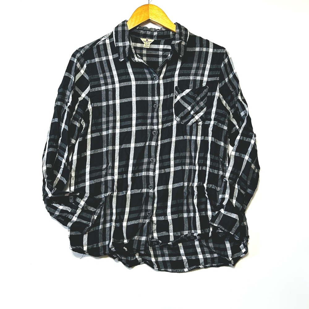 Woolrich Womens XL Plaid Flannel Button Down Shirt Black White Classic Country